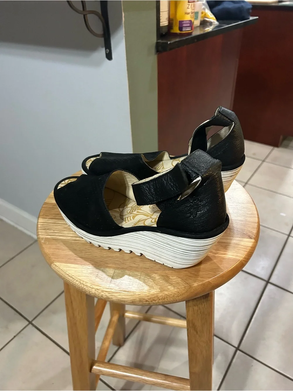 FLY London Black Open-Toe Wedge Sandals